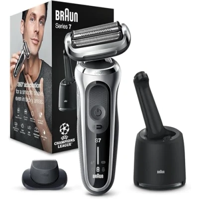 Abbildung von Braun Series 7 Elektrorasierer 360 Flex mit Reinigungsstation, Trimmer &amp; Rasierer Herren Elektrisch, Wet Dry, rasierapparat, trockenrasierer, Made in Germany, 71 S7200cc, silber