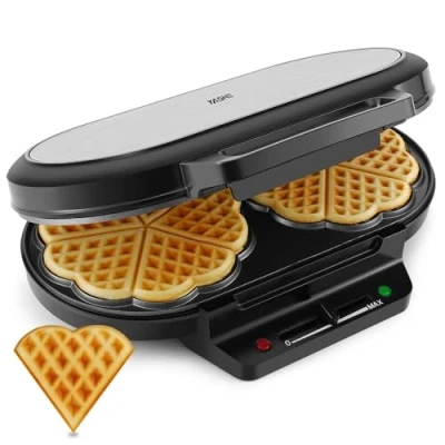 Abbildung von YASHE SW 2122M Waffeleisen Herzform Doppelt, 10 Klassische Herzförmige Waffeln mit Antihaftbeschichtung, 5 Einstellbare Temperaturstufen, Kontrollleuchten, Überlaufschutz, 1200W, Silber/Schwarz