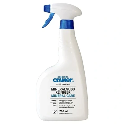 Abbildung von Cramer Mineralguss Badreiniger 750 ml gegen Kalk und Schmutz Sprühreiniger für Mineralguss, Waschbecken, Badewannen schonender Spezialreiniger glänzende &amp; matte Kunststein Oberflächen