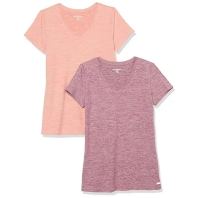 Abbildung von Amazon Essentials Damen Tech Stretch T Shirt mit kurzen Ärmeln und V Ausschnitt (erhältlich in Übergröße), 2er Pack, Lachsrosa Space dye/Pflaume dye, L