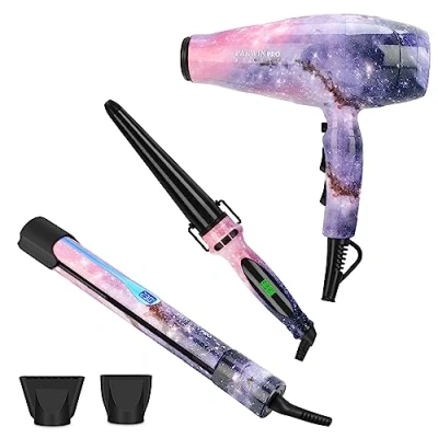 Abbildung von 3 IN 1, Föhn + Glätteisen Lockenstab, PARWIN PRO BEAUTY Styling Set, Ionen Haartrockner, Locken und Glätten, Lockenstab Konisch, Geschenkset Frauen, Galaxie Sternmuster