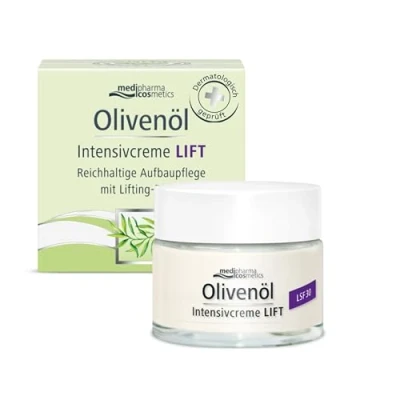 Abbildung von Olivenöl Intensivcreme Lift fördert den Kollagenaufbau mildert Falten mit LSF 30 medipharma cosmetics 50 ml