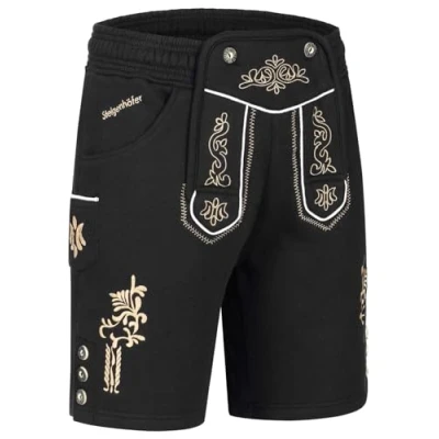 Abbildung von Steigenhöfer Manufaktur Kurze Trachten Jogginghose mit Kordelzug im Lederhosen Look Moritz Jogging Lederhose Herren Tracht für Oktoberfest Wiesn und weitere Feierlichkeiten Schwarz 3XL