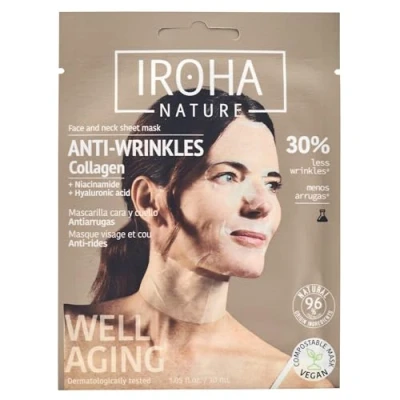 Abbildung von Iroha Nature Anti Aging gesichtsmaske und Halsmaske mit Kollagen Strafft beugt Falten feinen Linien vor Ergebnisse in 15 Minuten 96% natürliche Inhaltsstoffe Ideal für reife Haut