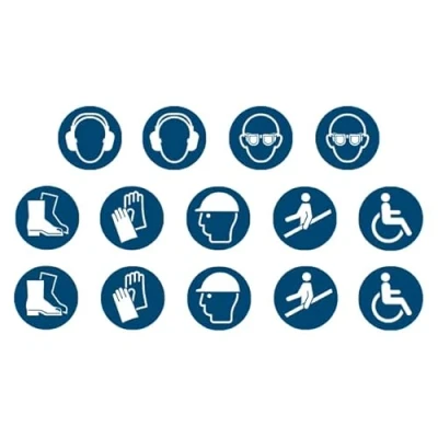 Abbildung von 14 Aufkleber Mix ø 9,5cm Gehörschutz Schutzbrille Fußschutz Handschutz Kopfschutz Handlauf Rollstuhlfahrer je 4 Stück UV und witterungsbeständig ISO 7010 Gebotszeichen Schild (9,5 cm, Mix)