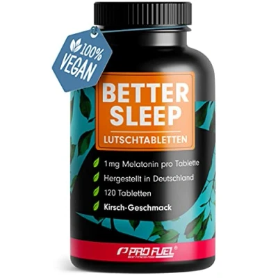 Abbildung von Melatonin Lutschtabletten 120x leckerer Kirsch Geschmack optimal hochdosiert mit bioaktivem Melatonin, L Theanin, Glycin und Vitamin B6 zuckerfrei gesüßt, 100% vegan Vorrat für 8 Monate