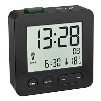 Abbildung von TFA Dostmann 60.2545.01 Digitaler Funk Wecker, Schwarz, L 66 x B 22 H 68 mm, 2 1,5 V AAA Batterie (Nicht im Lieferumfang enthalten)