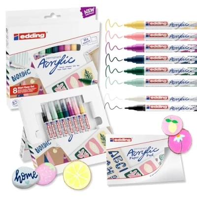 Abbildung von edding Start Easy Set Acrylstifte wasserfest fein und medium, inkl. Postkartenblock 8 Acrylfarben (nordic) Acryl Farben zum Malen auf Leinwand oder Holz für Steine