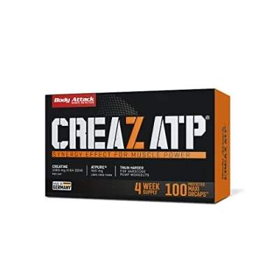 Abbildung von Body Attack CREAZ ATP®, 100 Kapseln / 33 Tagesportionen Made in Germany 100% wasserfreies Kreatin, hochdosierte vegane Maxi Caps, Adenosintriphosphat für Kraftzuwachs Steigerung, aspartamfrei