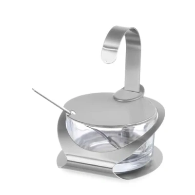 Abbildung von HENDI Käse /Zuckerdose, mit Glasbehälter Löffel aus Edelstahl, Glasbehälter, ø130, x(H)90mm, Edelstahl 18/0