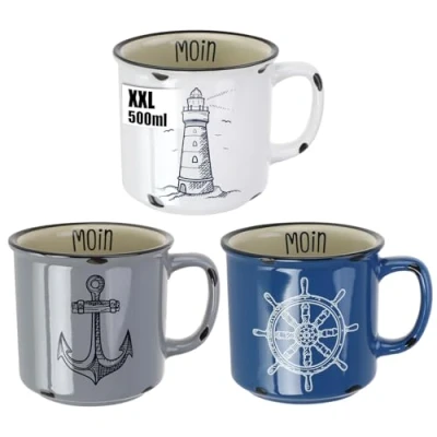 Abbildung von com four® 3x XXL Kaffeebecher aus Porzellan 500 ml Trinkbecher Maritime Kaffeetassen für zu Hause und Büro Kaffeepott Kalt Heißgetränke (3 Stück weiß/blau/grau)