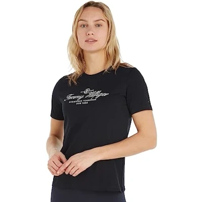 Abbildung von Tommy Hilfiger Damen T Shirt Kurzarm Rundhalsausschnitt, Blau (Desert Sky), S