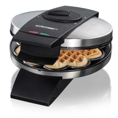 Abbildung von Cloer 1639SR Waffeleisen, Herzwaffel 15,5 cm Ø, doppelte Antihaftbeschichtung, zuckerresistent, 930 W, Backampel, praktische Standfunktion, hochwertiges Edelstahlgehäuse, Edelstahl