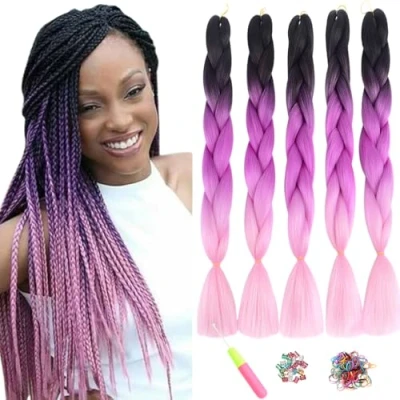 Abbildung von ShowJarlly Jumbo Braid Kunsthaar Haar, Ombre Extension, 24 Zoll Kanekalon Flechten Extensions 5 Stücke Für Crochet Twist Haar Box Zum Einflechten Zöpfe Schwarz/Lila Rot/Hellrosa#