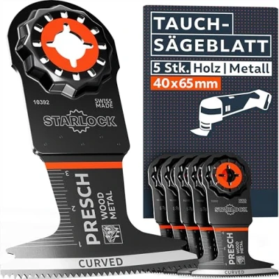 Abbildung von Presch Multitool Sägeblätter Holz &amp; Metall 40x65mm 5 Stk. Starlock für werkzeuglosen Wechsel Exakte Schnitte dank robuster BI Zähne Curved Tec Design Tauchsägeblätter