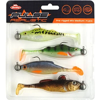 Abbildung von Berkley Pulse Realistic Mix, Auswahl von 4 vormontierten Gummiködern, ideal zum Fangen Hecht, Barsch und Zander, ausgewählt Pro Anglern tolles Geschenk für Kunstköderangler