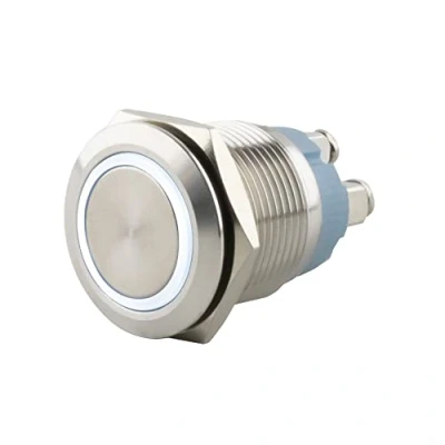Abbildung von SeKi Edelstahl Drucktaster Ø19mm tastend flacher Kopfform farbig beleuchtetem LED Ring in weiss Schraubanschluss; Klingeltaster