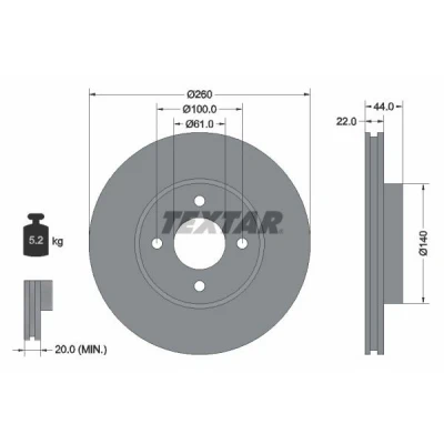 Abbildung von TEXTAR PRO 92239903 Bremsscheibe 260 22 04/04 100 innenbelüftet beschichtet ohne Radbefestigungsbolzen, Radnabe NISSAN: MICRA 4