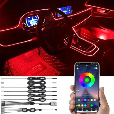 Abbildung von TABEN Auto Atmosphärenlicht Kit Musiksynchronisation Mehrfarbig RGB 16 Millionen Farben 8 Meter Glasfaser USB Fußraum Ambientebeleuchtung Kit, Sound Active und drahtlose Bluetooth APP Steuerung DC 12V
