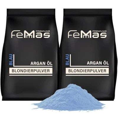 Abbildung von FemMas Blondierpulver blau 1000 g I Blondierungspulver staubfrei, mit pflegendem Arganöl für gleichmäßige Blondierung &amp; Strähnen Techniken Hair Bleach Aufhellungen bis zu 7 Nuancen