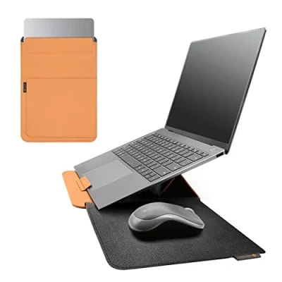 Abbildung von NOVOO RT14 4 in 1 Laptop Gehäuse, wasserdichtes Ledergehäuse, Laptopständer, Kartenfach, Mauspad, kompatibel mit MacBook Air/Pro 14 Zoll (35,6 cm), Orange
