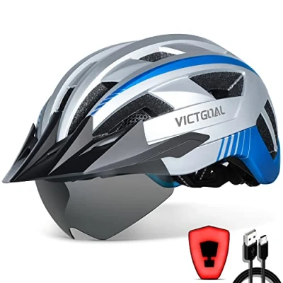 Abbildung von VICTGOAL Fahrradhelm Herren Damen MTB Helm mit Abnehmbarer Magnetische Schutzbrille Visier Atmungsaktiv 21 Belüftungskanäle Radhelm Einstellbare Fahrradhelme (L: 57 61cm, Silber)