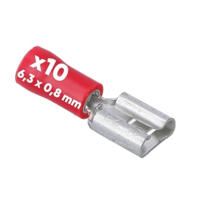 Abbildung von 10 Stück Kalitec FHR638 Flachsteckhülsen rot 6,3x0,8 Kabelverbinder I 0,5 1,5mm² Steckverbinder teilisoliert Messing PVC Kragen für Kfz &amp; Industrie