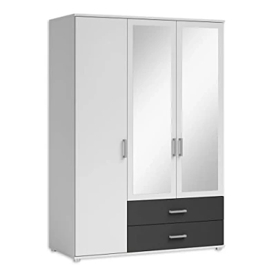 Abbildung von Stella Trading Kleiderschrank mit Spiegeln und Schubladen Vielseitiger Drehtürenschrank 3 türig in Weiß, Eiche Sonoma Optik 125 x 190 51 cm (B/H/T)