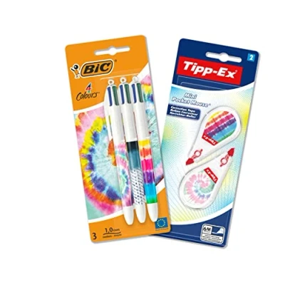 Abbildung von BIC 4 Colours Farben Kugelschreiber und Tipp Ex Korrekturroller Schreibwaren Set, in Tie Dye Batik Optik, 3 Stifte 2 Korrekturmäuse