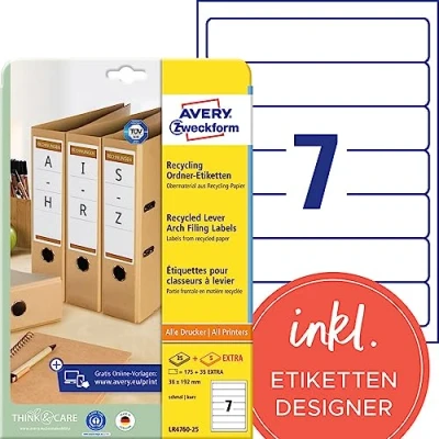 Abbildung von AVERY Zweckform LR4760 25 Recycling Ordnerrücken Etiketten (210 Rückenschilder, 38x192mm auf A4, 100% recyceltes Altpapier, schmal/kurz, selbstklebend, bedruckbare Ordneretiketten) 30 Blatt, naturweiß