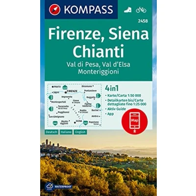 Abbildung von KOMPASS Wanderkarte 2458 Firenze, Siena, Chianti, Val di Pesa, d&#039;Elsa, Monteriggioni 1:50.000: 4in1 mit Aktiv Guide und Detailkarten ... Verwendung in der App. Fahrradfahren.