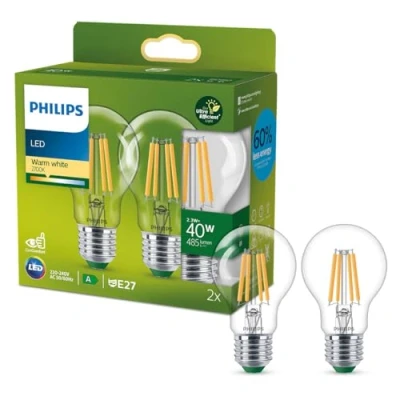 Abbildung von Philips Classic ultraeffiziente E27 LED Lampe, 40W, klar, warmweiß, Doppelpack
