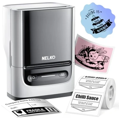 Abbildung von Nelko Etikettendrucker mit 1 Etiketten, Bluetooth PM220 beschriftungsgerät selbstklebend, 2 Zoll Thermo etikettiergerät Aufkleber Kompatibel iOS und Android für Einzelhandel,（weiß）