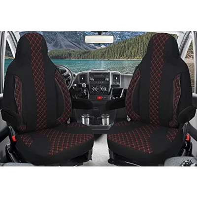 Abbildung von BREMER SITZBEZÜGE Maß Piloten Schonbezüge Sitzbezüge kompatibel mit Wohnmobil Ducato Weinsberg Adria Dethleffs Zubehör 2er Schonbezug Set inkl. Armlehnen Bezüge in Schwarz/Rote Naht WPL402