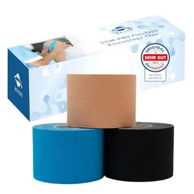 Abbildung von axion Kinesiologie Tapes im Set Wasserfeste hautfreundliche elastische selbstklebende Fitness Bandage Physio tape optimal für Sport &amp; Alltag (Blau, Beige, Schwarz, 3er Set)