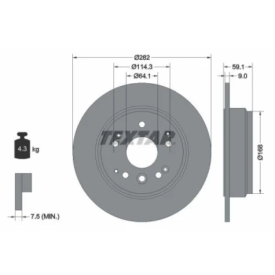 Abbildung von TEXTAR PRO 92261703 Bremsscheibe 282 9 05/10 114,3 voll beschichtet ohne Radbefestigungsbolzen, Radnabe