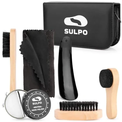 Abbildung von SULPO Schuhputzset Set 7 in 1 Lederschuhe Pflege Travel Bürsten Schuhpflege Lederpflege Ökologisches Leder Etui 2 Schuhpolitur Farblos