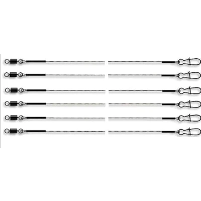 Abbildung von Set: 6 Stück Powerflex 7x7 Super Soft Stahlvorfach mit Wirbel, 9 Kg von Jenzi, Länge 50 cm + Petri Heil! Aufkleber