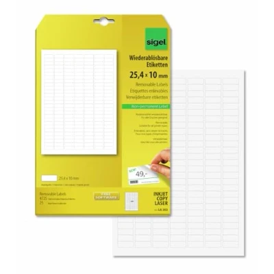 Abbildung von SIGEL LA202 Etiketten selbstklebend, bedruckbar, wieder rückstandsfrei ablösbar, weiß, mini, 25,4 x 10 mm, 4725 = 25 Blatt, abgerundet