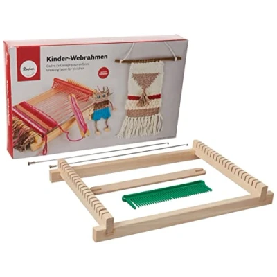 Abbildung von Rayher DIY Holz Kinder Webrahmen Set, Webbreite 16,5cm, Schulwebrahmen für Kinder,Erwachsene, inkl. Webschiffchen, Webkamm mit Zubehör, zum Weben &amp; Gestalten, 7202200, Natur, 18,5x29cm