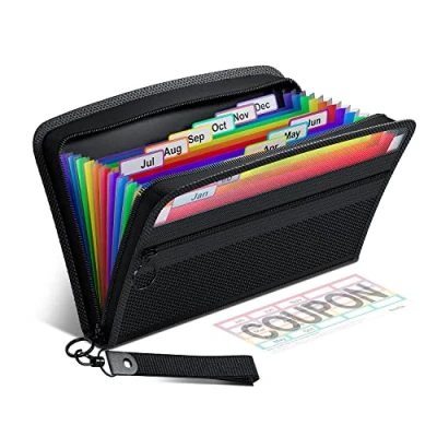 Abbildung von ThinkTex Quittung Coupon Organizer,12 Taschen kleine Akkordeon Datei Veranstalter,klein Größe 28 x 15 cm,Reißverschluss,Bunt Etiketten