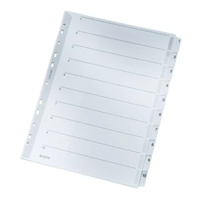 Abbildung von Leitz Register für A4, Deckblatt und 10 Trennblätter, Taben mit Zahlenaufdruck 1 10, Lochrand bunte folienverstärkt (Mylar), Grau, Karton, 43240000