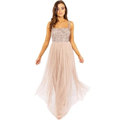 Abbildung von Maya Deluxe Women&#039;s Ladies Womens Maxi Wide Straps Sleevless Square Neckline Embellished for Wedding Guest Prom Bridesmaid Dress, Taupe Blush, EU 50(UK 22)