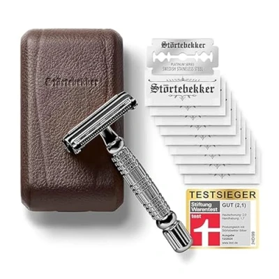 Abbildung von Störtebekker® Premium Rasierhobel &quot;Hamburg&quot; im handgefertigten Leder Etui Rasier Set mit 10 Rasierklingen, Reise &amp; eingebautem Spiegel Nassrasierer Vintage Look 2 seitigem Klingenkopf