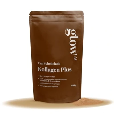Abbildung von Glow25® Collagen Plus Schokolade [450g] Kollagen Hydrolysat mit Vitamin C, Zink und Biotin Peptide Typ 1 3 Gute Löslichkeit Neutral