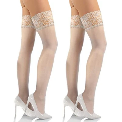 Abbildung von sesto senso Halterlose Strümpfe mit Spitze 2er Pack 15 DEN Feinstrümpfe Damen 3/4 M/L Bianco Weiß Weiss