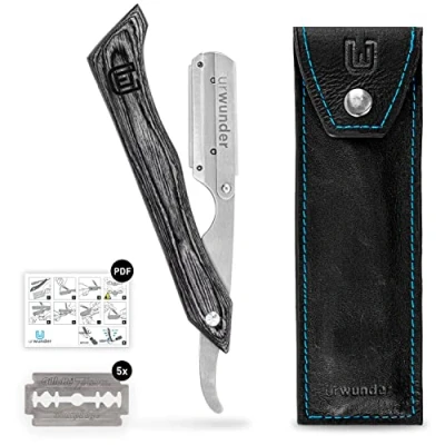 Abbildung von Präzises Premium Rasiermesser + Hochwertiges Echtleder Etui Einfache Anleitungen Scharfe Ersatzklingen Beardo Ideal zum Rasieren … (silber gebürstet/schwarz)