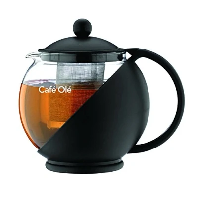 Abbildung von Café Olé Everyday Round Tea Pot Infuser Basket Glasteekanne Loose Leaf 700 ml/24 oz, Schwarz, 700ml / 0.7L