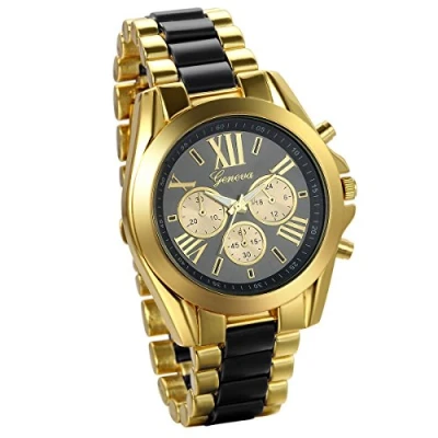 Abbildung von JewelryWe Herren Armbanduhr, Analog Quarz, Business Casual Edelstahl Armband Uhr mit Römischen Ziffern Zifferblatt, Gold Schwarz