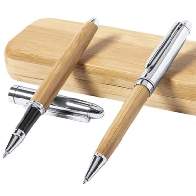 Abbildung von notrash2003 Schreibset Dreh Kugelschreiber Rollerball Tintenroller Stiftset Bambus im hochwertigen Holz Geschenk Etui